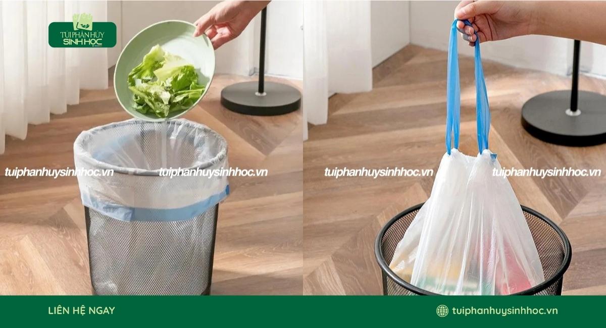 Mẫu túi đựng rác tự hủy dây rút phù hợp dùng trong gia đình