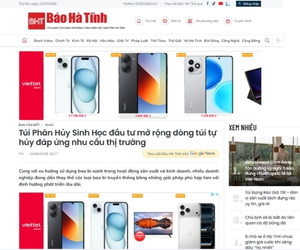 Túi Phân Hủy Sinh Học được báo Hà Tĩnh đưa tin