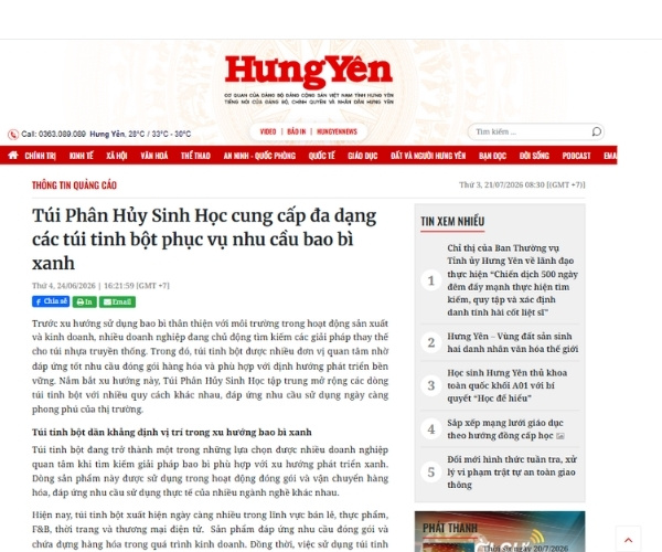 Túi Phân Hủy Sinh Học được báo Hưng Yên đưa tin