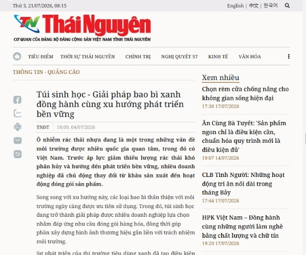 Túi Phân Hủy Sinh Học được báo Thái Nguyên đưa tin