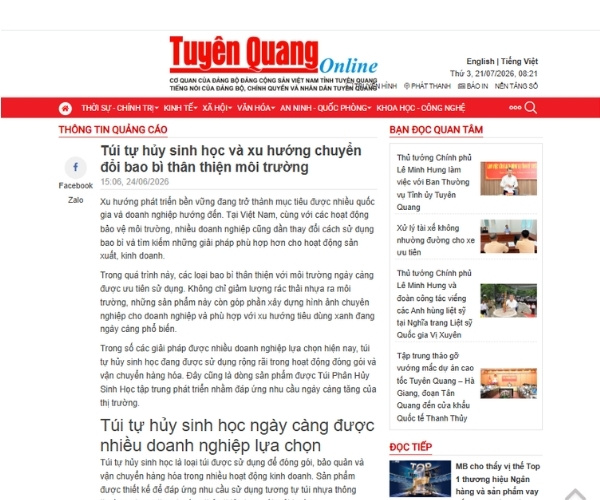Túi Phân Hủy Sinh Học được báo Tuyên Quang đưa tin