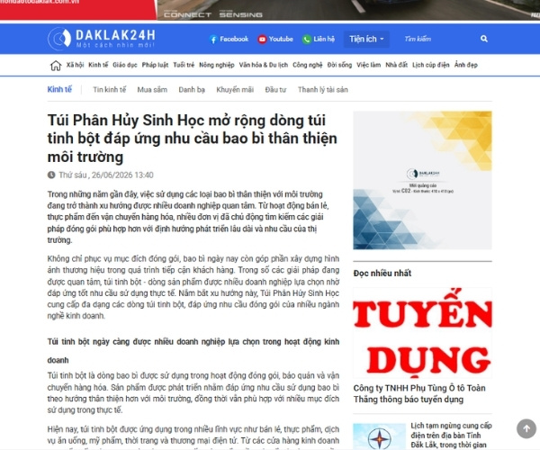 Túi Phân Hủy Sinh Học được lên báo Đắk Lắk 24h