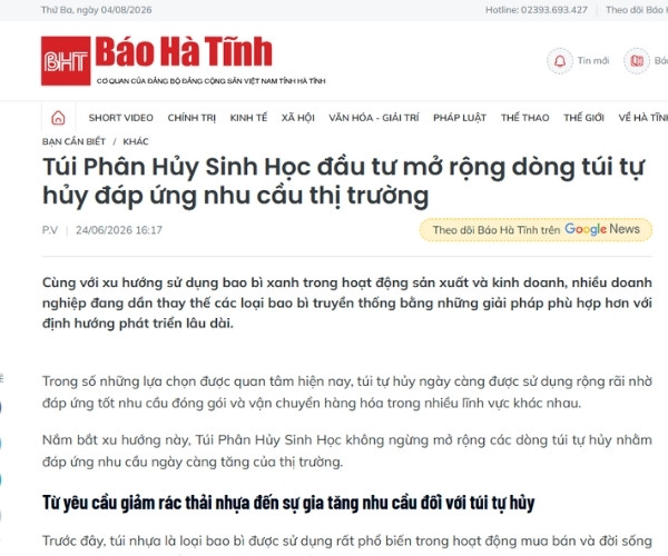 Xưởng Túi Phân Hủy Sinh Học được báo Hà Tĩnh đưa tin